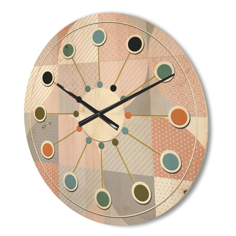 Mid-century modern wood wall clock geometric round textured pattern unique art natural pine ready to hang battery