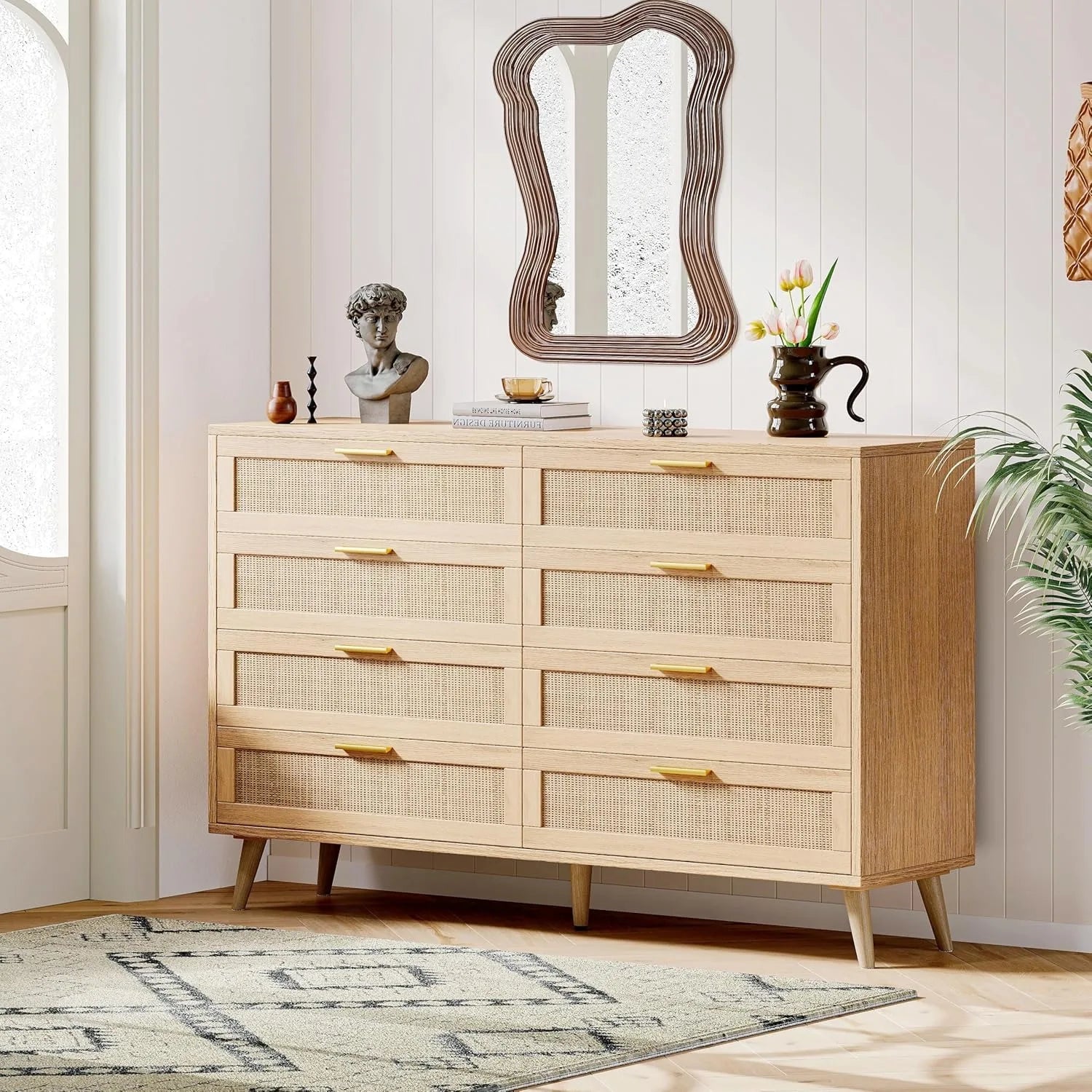 8 drawer double dresser for bedroom rattan chest of dressers modern wooden with golden handles, - drawers natural