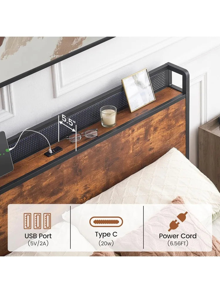 Queen size bed frame with storage headboard and 4 drawers led lights metal platform charging station matt - united