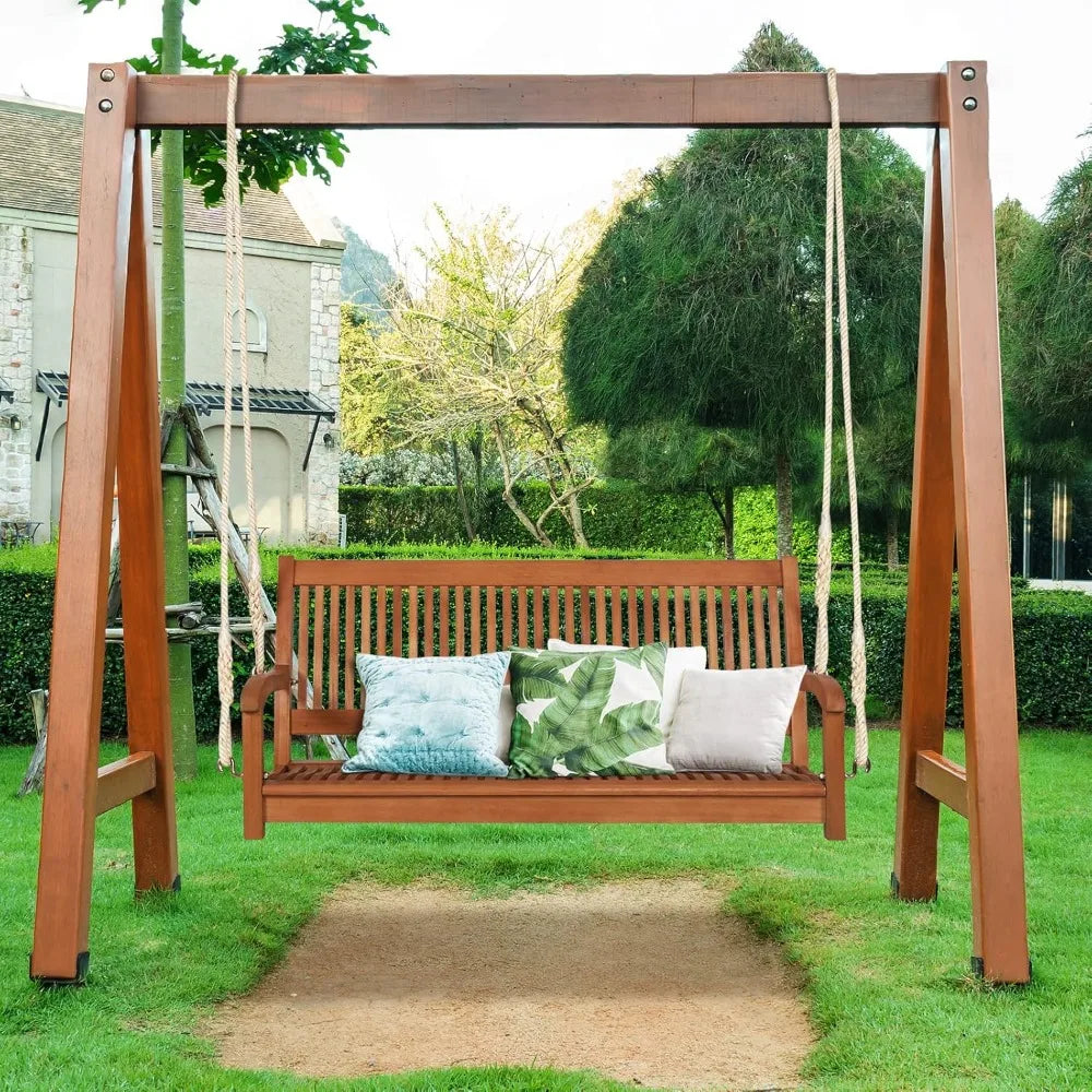 Happygrill hanging porch swing 2-seat wooden bench with cushion and ropes outdoor patio for garden back - united states