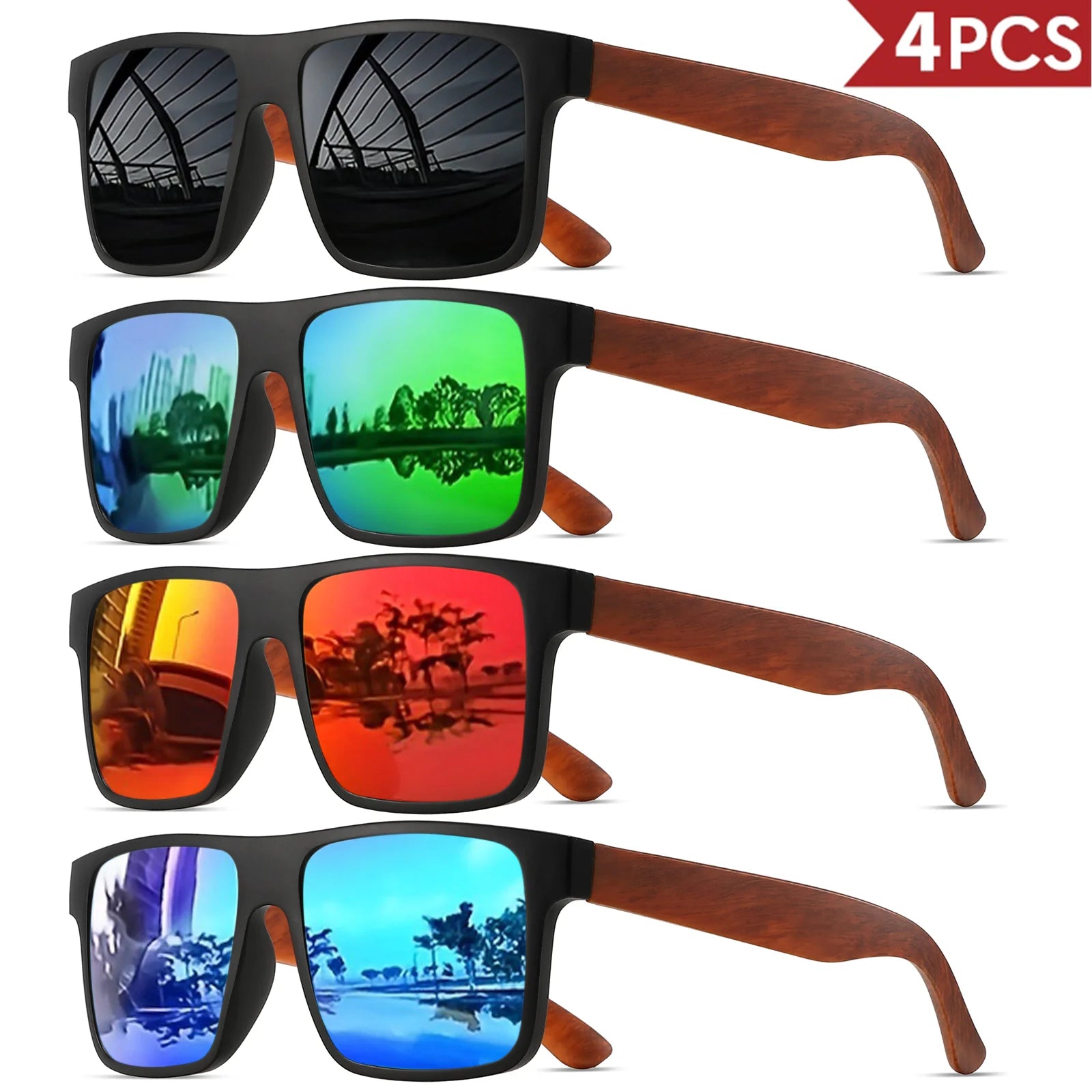 4pcs polarized retro square sunglasses - mahogany wood grain temples & spring hinges uv400 for driving/travel/outdoor