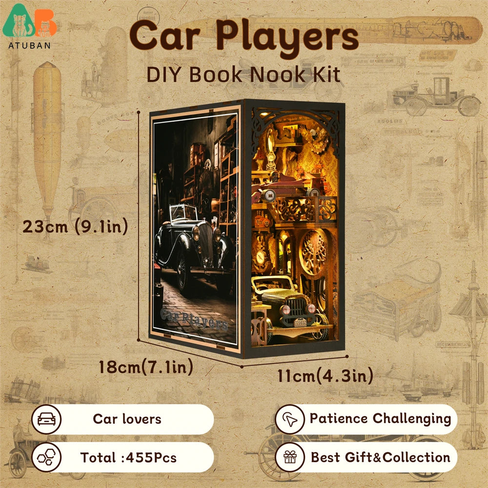 Atuban book nook kit classic car f1 diy wooden puzzle bookshelf insert decor dollhouse model bookend building