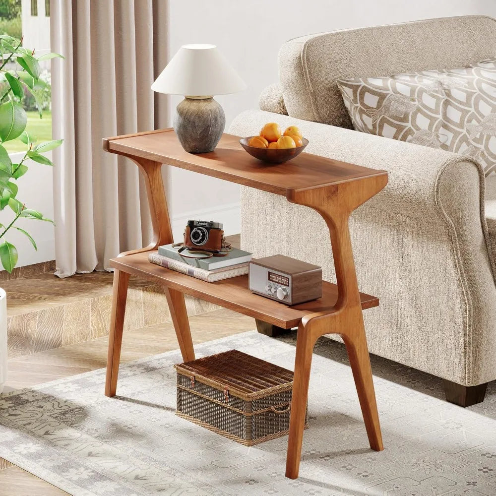 Tribesigns narrow side table 2-tier solid wood end with storage modern tall couch for living room slim bedsi - walnut