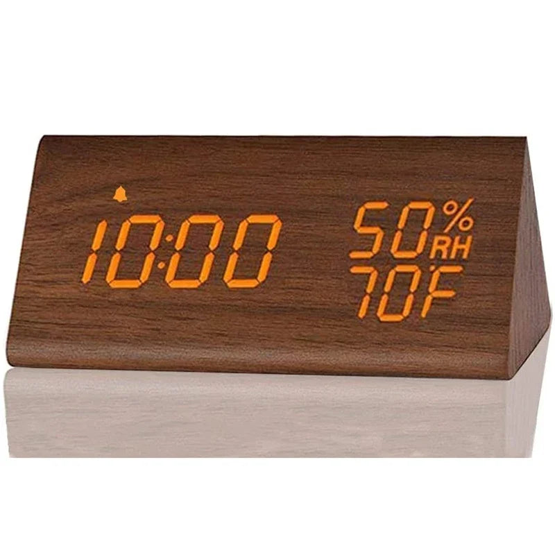 Wooden alarm clock led time display usb charger humidity and temperature detection digital for bedside table - brown