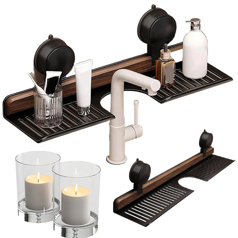 Walnut suction cup bathroom shelf faucet organizer rack no drilling wall mounted sink