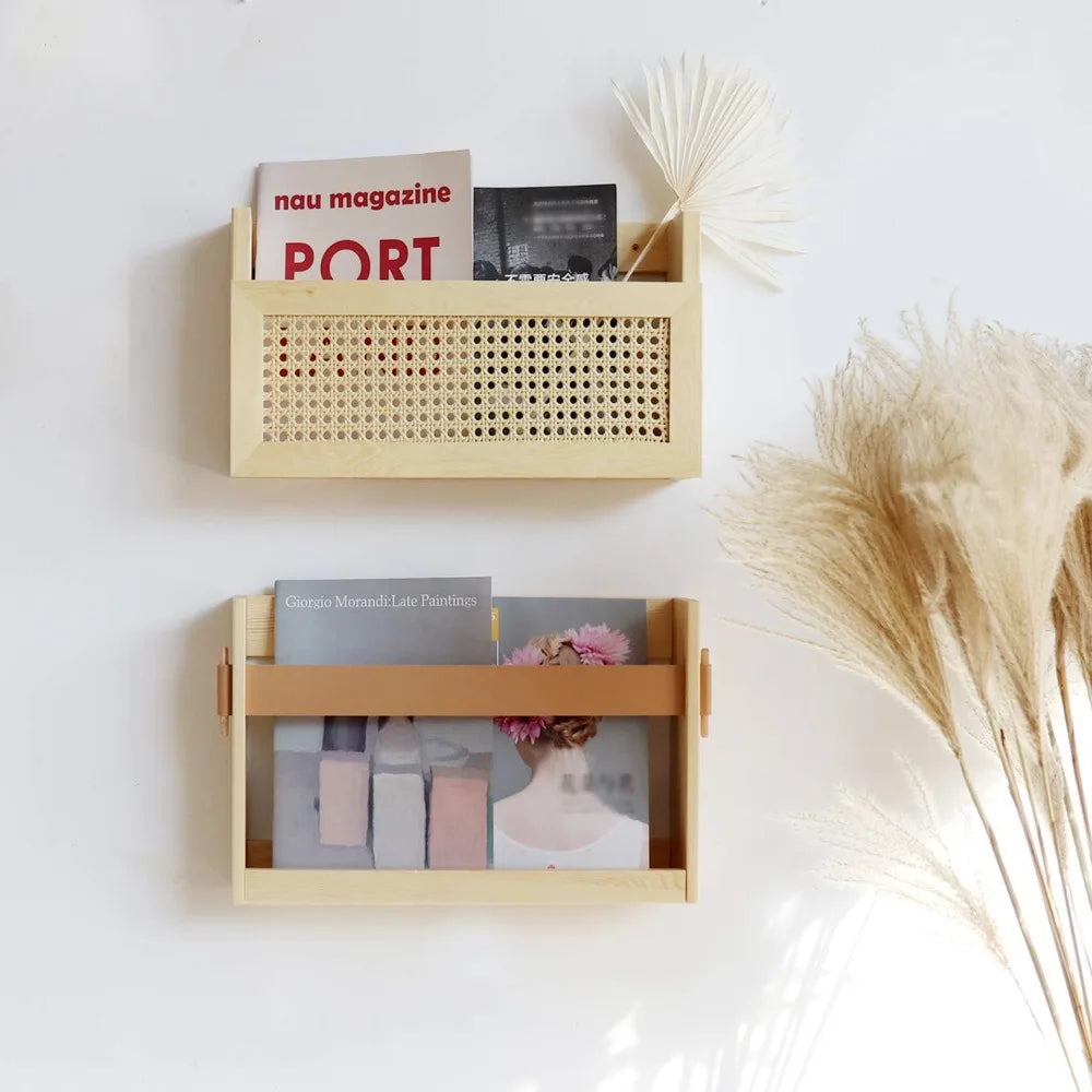 Wall-mounted leather strap magazine holder wooden file organizer for home and office entryway - united states / beige