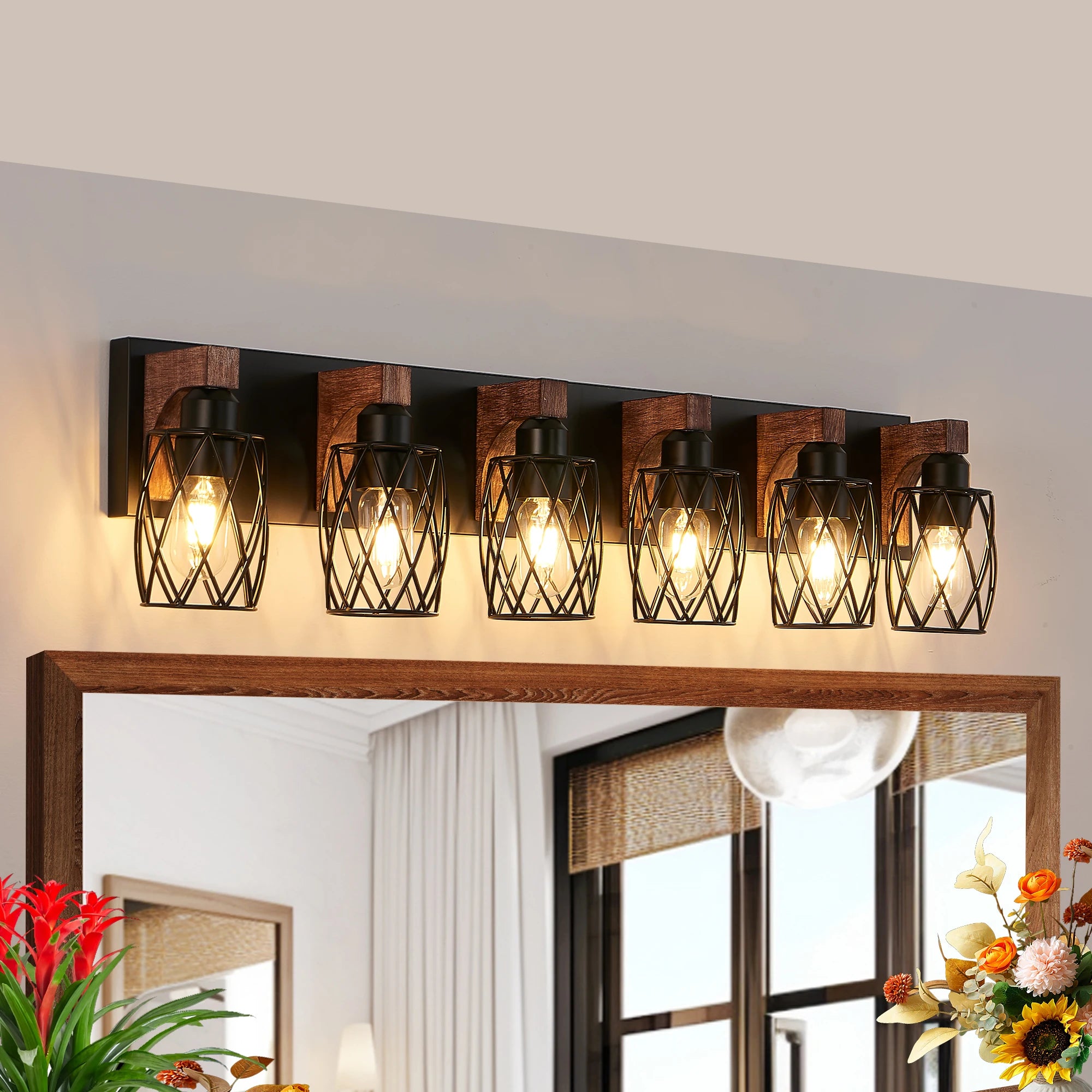 38’’ industrial vintage 6-light wall sconce - black cage lighting fixture with wooden accents - united states / 100-300w