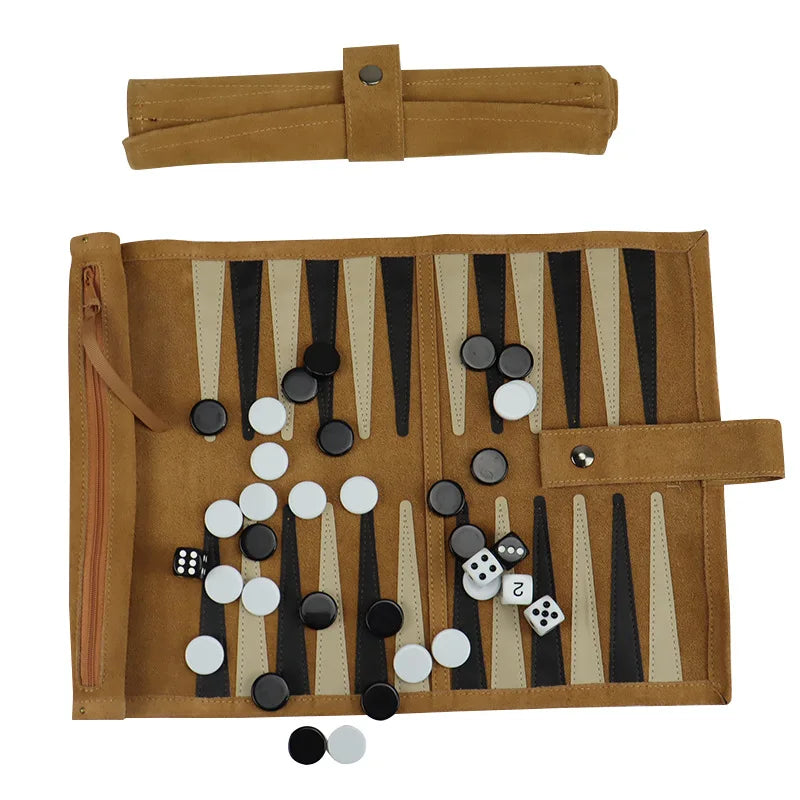 Chess backgammon board game travel set strategy playing pieces dice cups wooden for table games - white