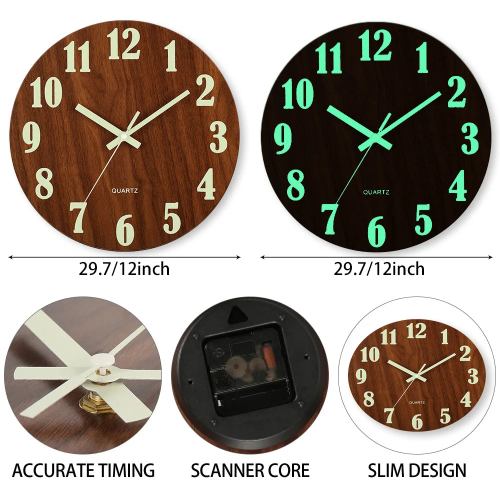 12 inch luminous wall clock wood silent light in dark night nordic fashion non ticking with night light