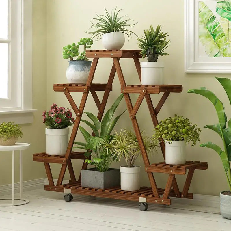 Movable wood plant stand triangular shelf flower pot storage holder garden display shelving rack outdoor indoor 6 tier