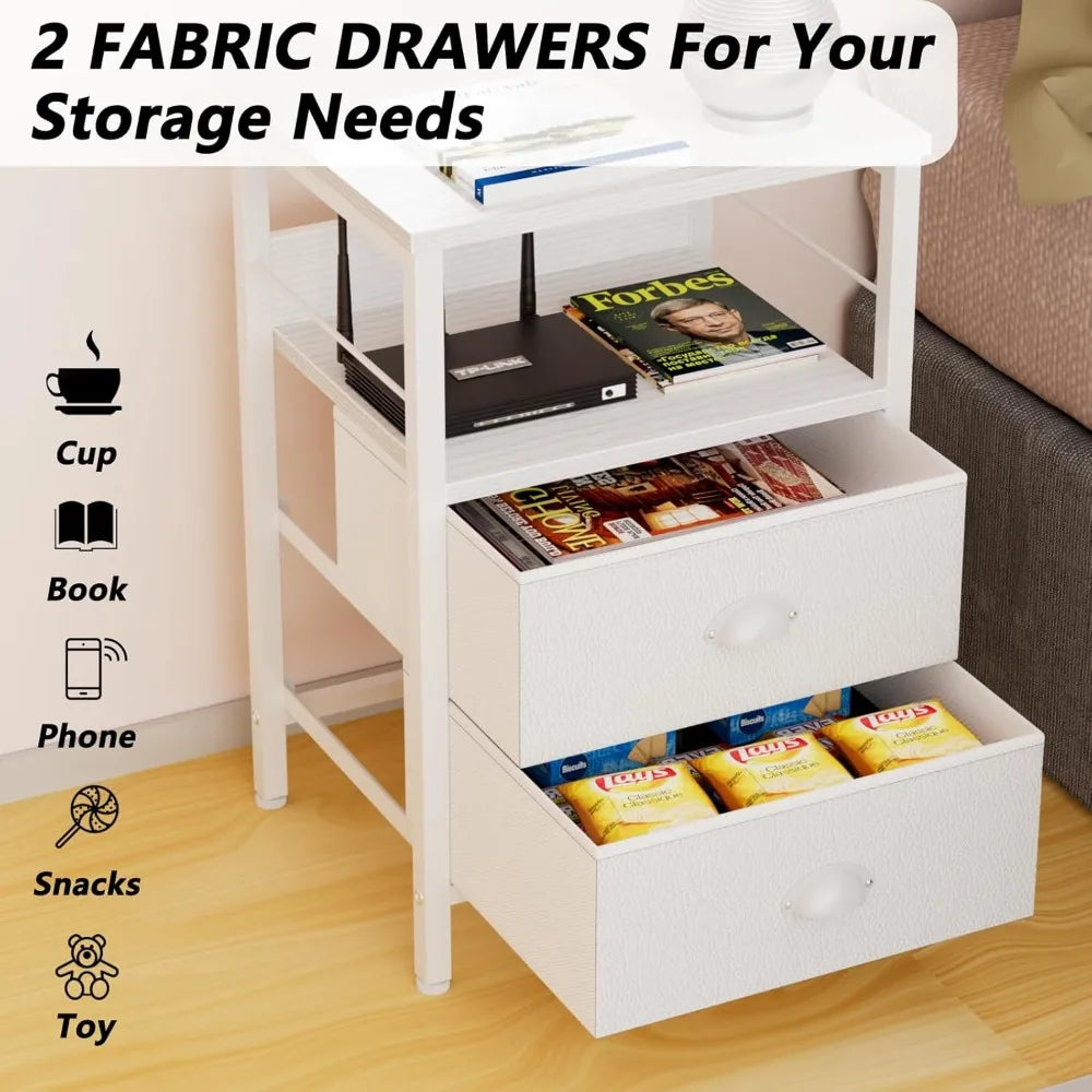 Nightstands set 2 end table with fabric drawers bedside hooks open wood shelf side sofa for bedroom