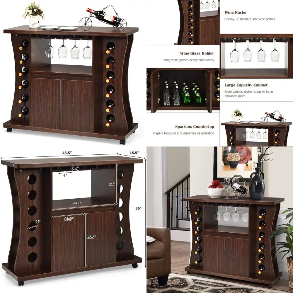 Rolling wood buffet cabinet with wine storage for 12 bottles and glass holder - united states / walnut - rack