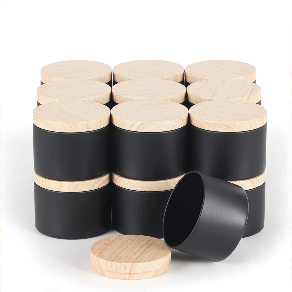 4oz candle tins - matte black bulk empty jars with wood grain lids for making storage and gift