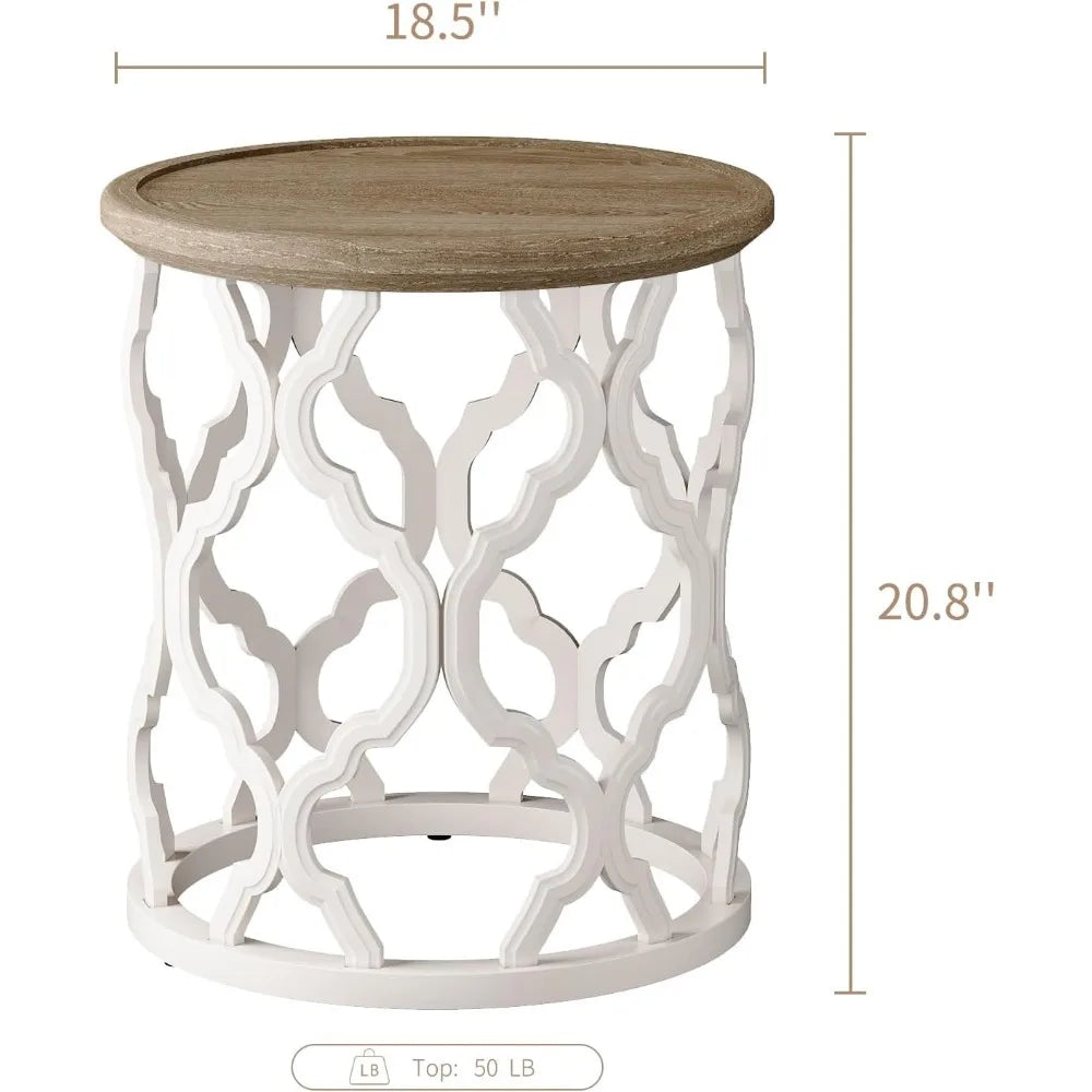 Farmhouse end table 18.5’’ french country round side distressed tray top wood with curved motif frame base fo - united