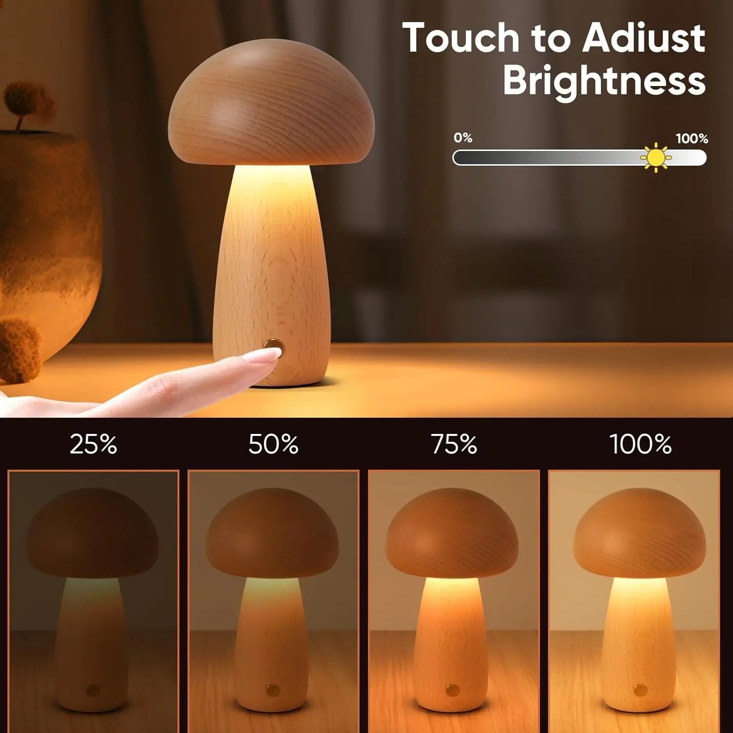 Wooden creative mushroom night light stepless dimming bedside table lamp 3 color rechargeable sleeping nightlights