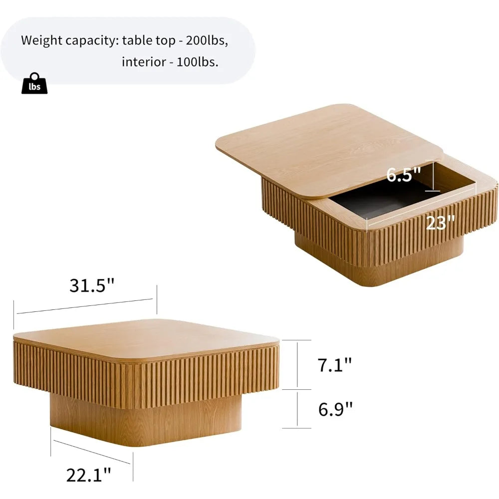 31.5’’ square coffee table with hidden storage,solid wood modern accent tea for living room bedroom,apartment