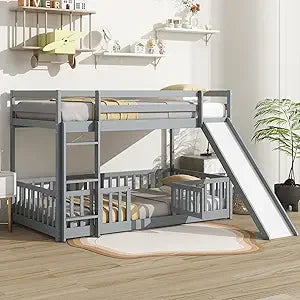 Low bunk beds twin over floor bed frame junior loft for kids boys girls teens natural - gray with slide / united states