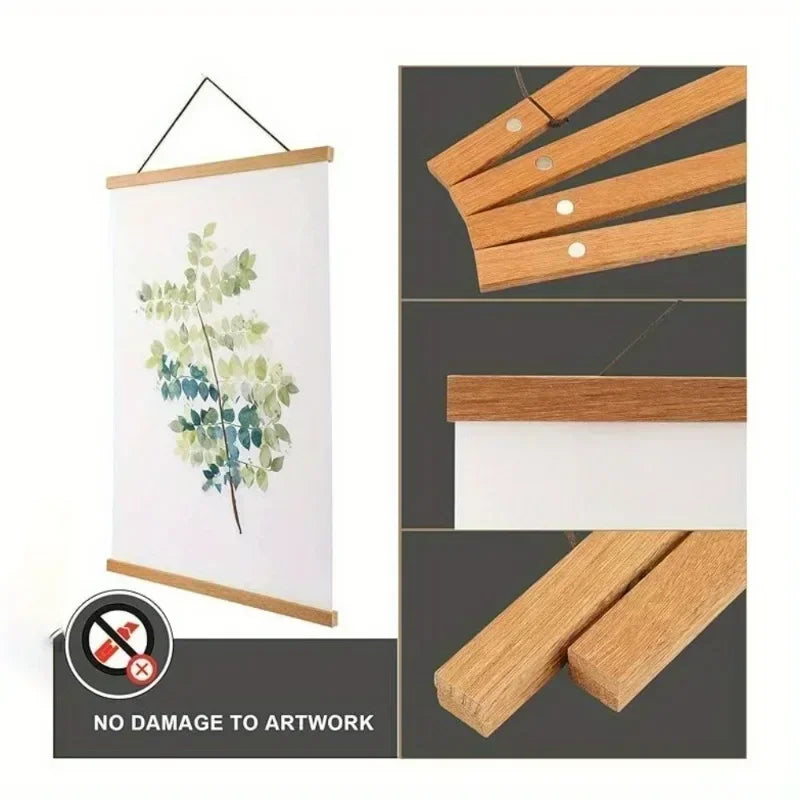 Magnetic wooden picture poster hanger frames photos wall art canvas print painting teak pine wood living room home decor