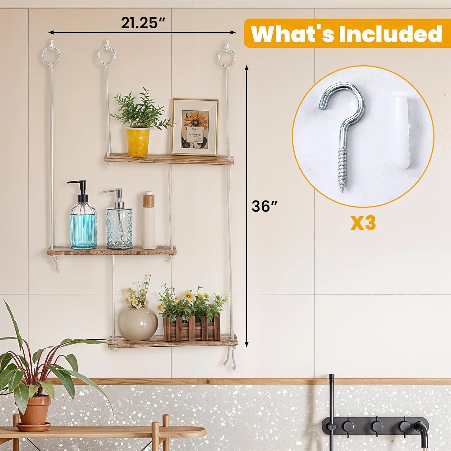 Boho wall shelves for plants - 3 tier macrame hanging wooden storage floating rope shelve - united states / b0dy74yxlq