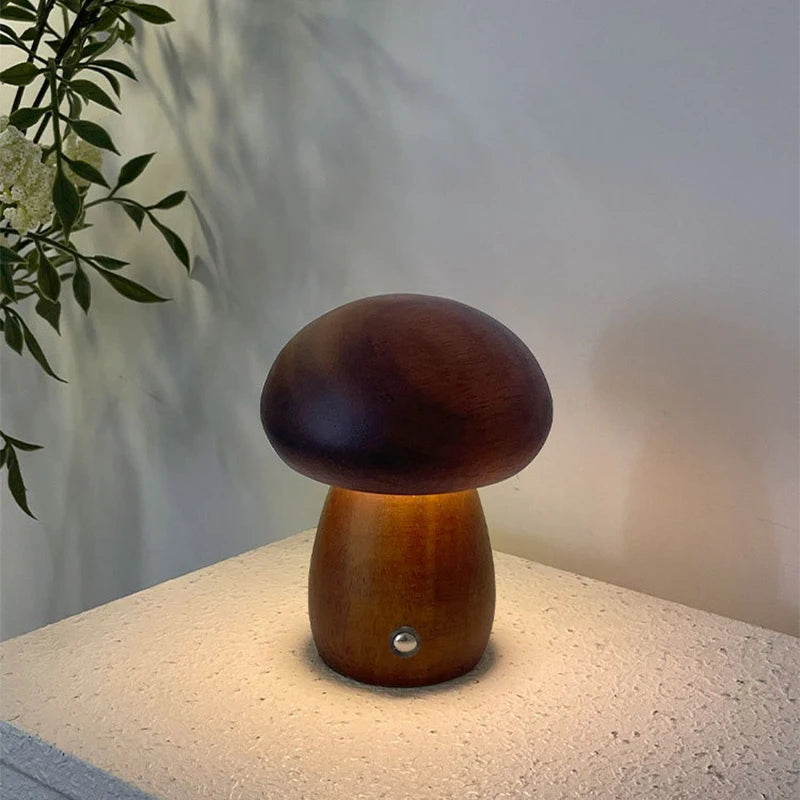 Wooden mushrooms night light touch switch bedroom bedside table lamp walnut beech wood warm dimmable desk usb chargeable