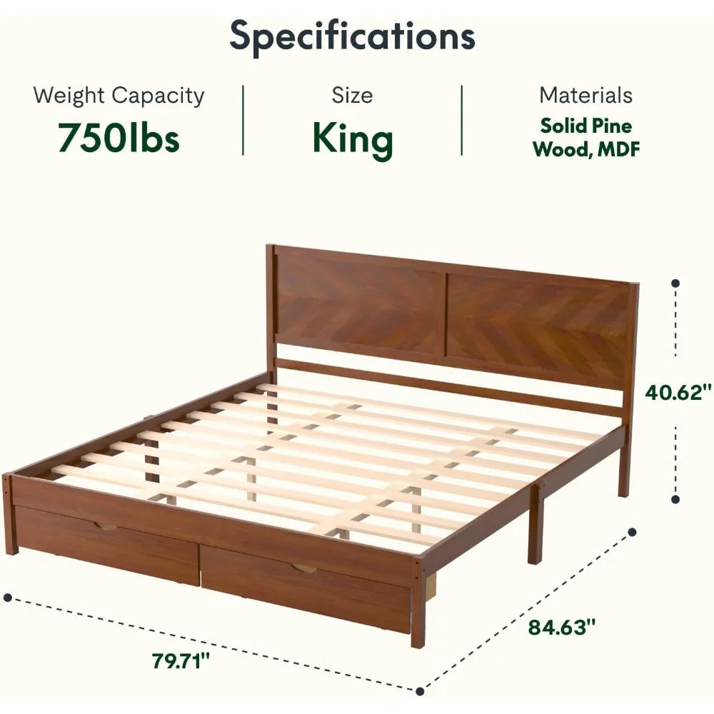 Flexispot solid wood king bed frame elegant herringbone headboard storage drawers 750 lbs capacity mid-century modern