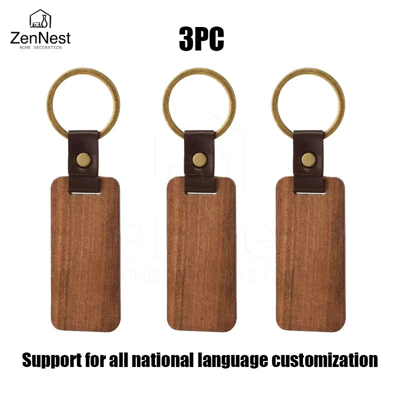 1/3pcs leather wooden keychain free custom solid wood for laser engraving diy key tags crafts christmas gifts - 3pcs