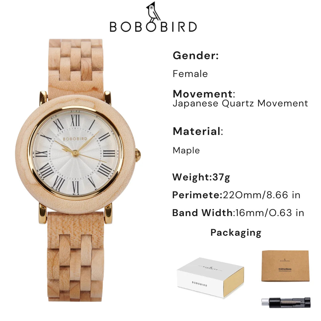 Bobo bird women’s wooden watch 2025 new elegant quartz wristwatch for ladies and girl natural wood timepiece gift