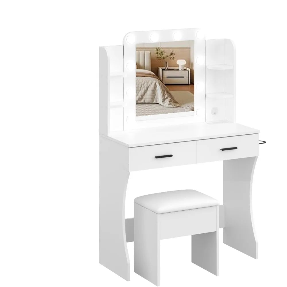 Vanity desk set with mirror led lights and power outlet makeup table 2 large drawers round holder dressing