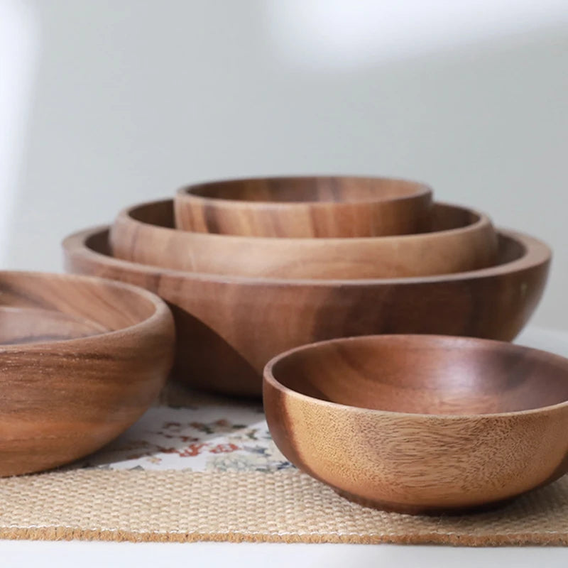 New natural hand-made wooden salad bowl classic large round acacia wood soup dining plates premium kitchen utensils