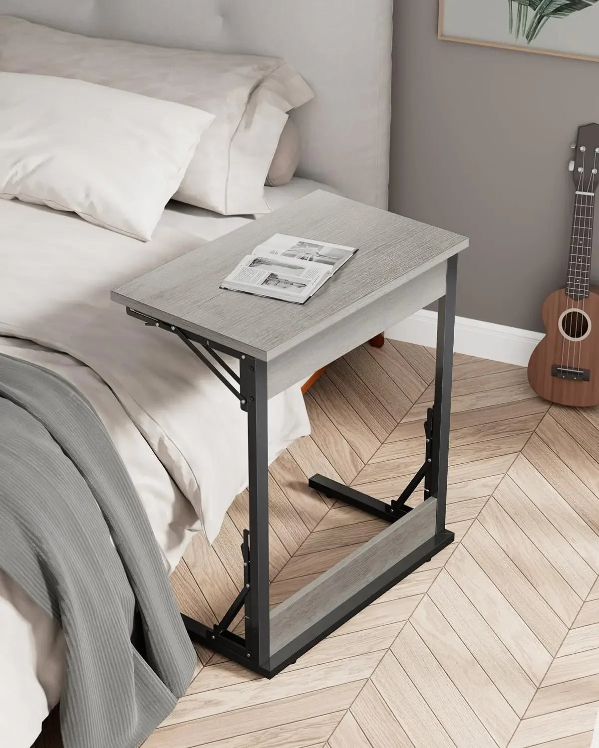 24’’ wide folding c-shaped end table small side desk for couch sofa tv tray with metal frame living room bedroom
