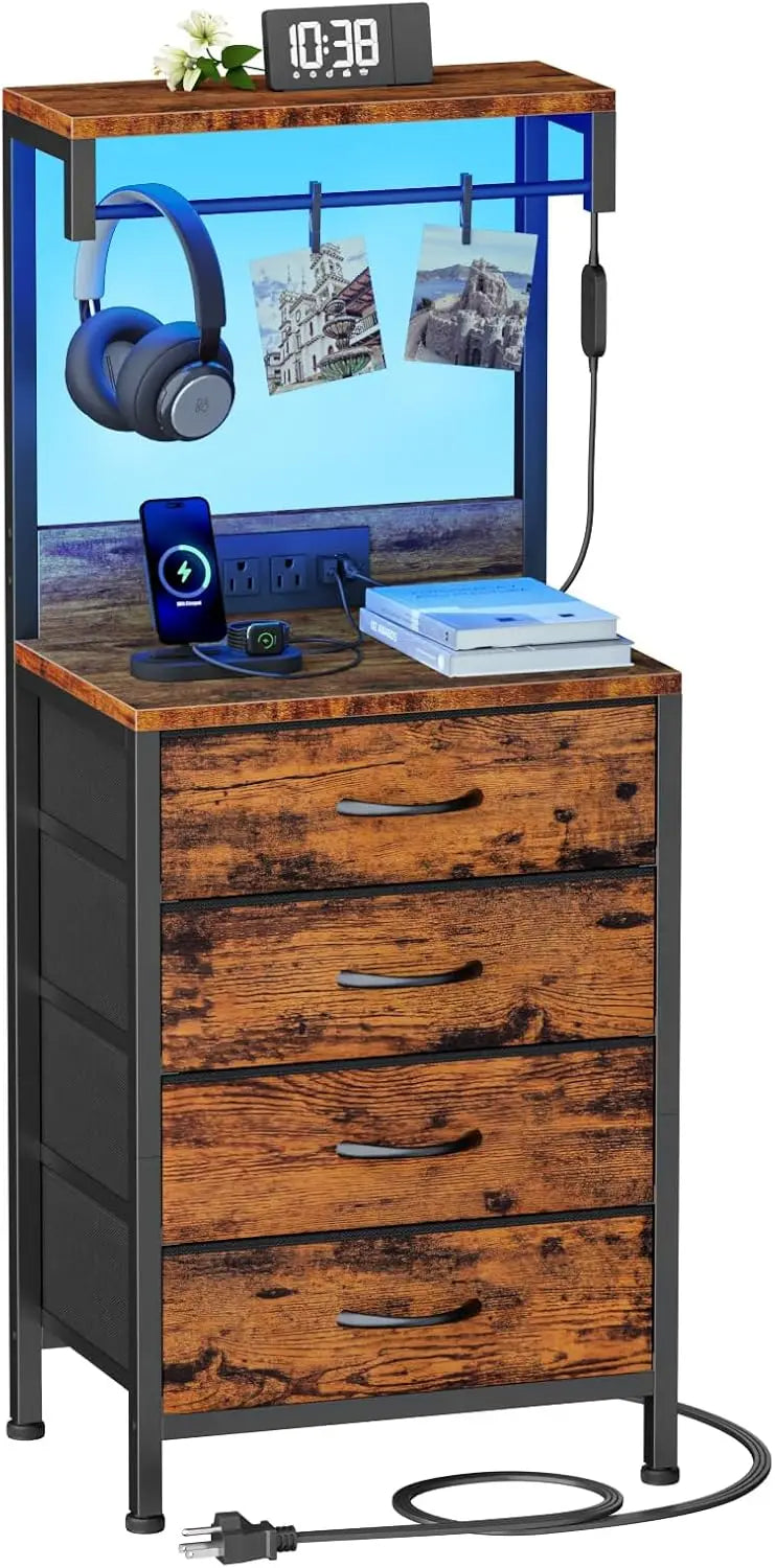 Tall nightstand with charging station night stands led lights and storage shelves bed side table for bedroom hallway