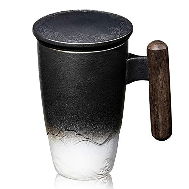 Ceramic tea cup vintage luxury thermal mug with infuser lid coffee mugs beer drinkware wooden handle 400ml personalized