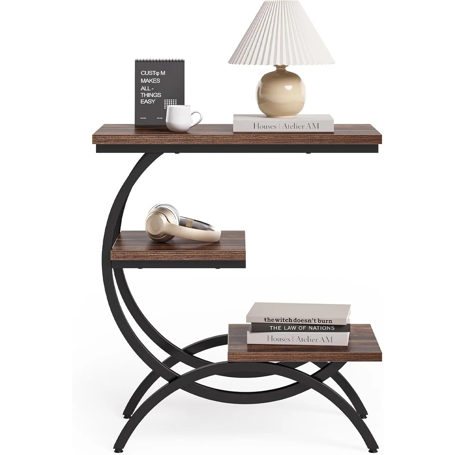 Little tree end table with 3 storage shelves industrial c-shaped small sofa side for living room wood slim snack