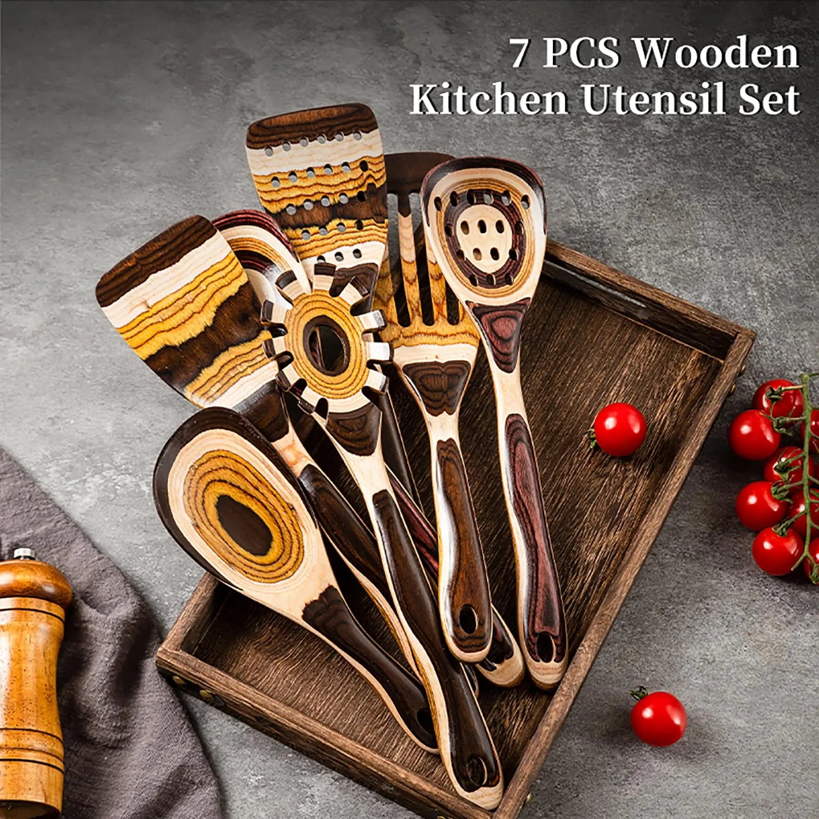 Ik kitchen utensils 7pcs pakkawood cooking set wooden spoons for wood spatula with non-slip handle