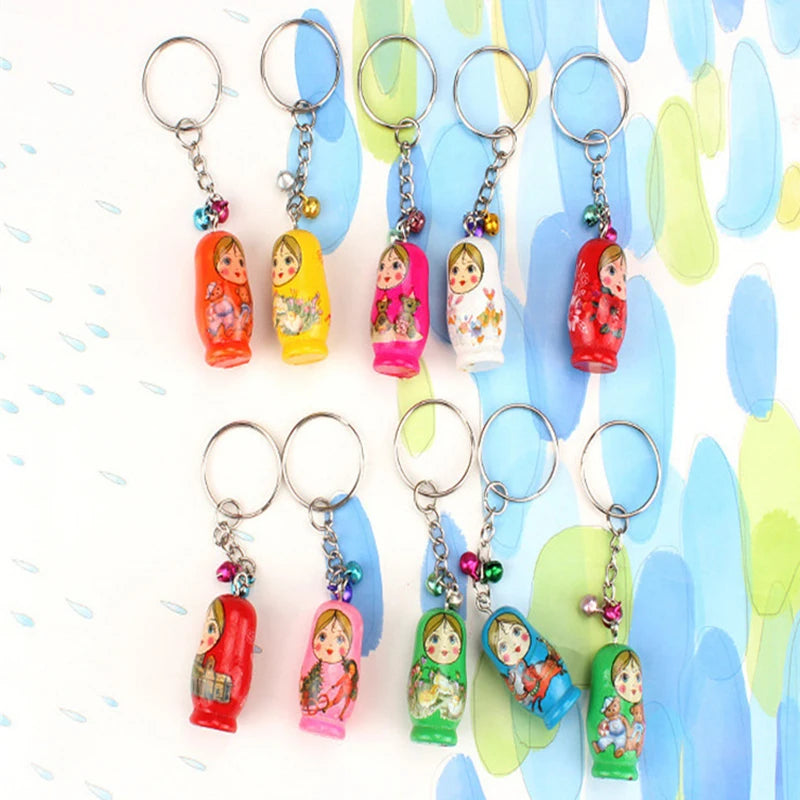 60pcs nesting dolls wooden keychain doll russian matryoshka key ring unpainted christmas tree set - mix colors - chain