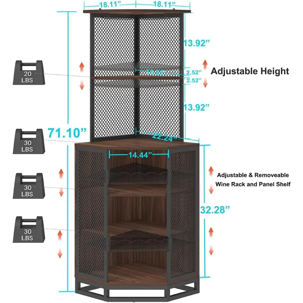 Tall corner bar cabinet large wood and metal liquor with wine rack adjustble shelf storage,
