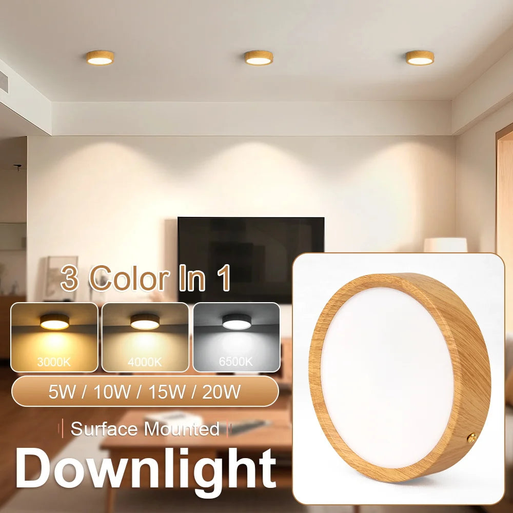 Wood ceiling light 3 colors memory downlight surface mounted led spotlight modern indoor for living room bedroom panel