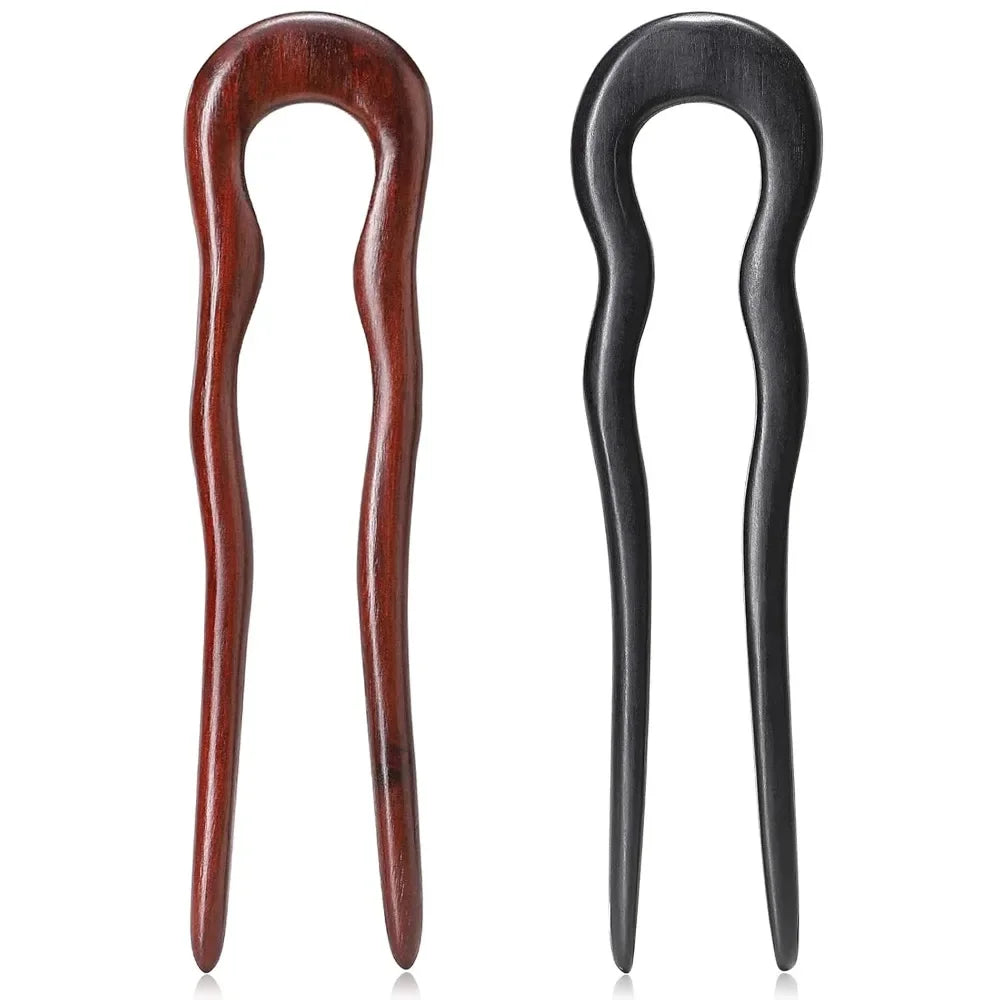Noverlife 2pcs wooden u shaped hairpins for long hair handmade french stick vintage 2-prong wave forks ebony - united