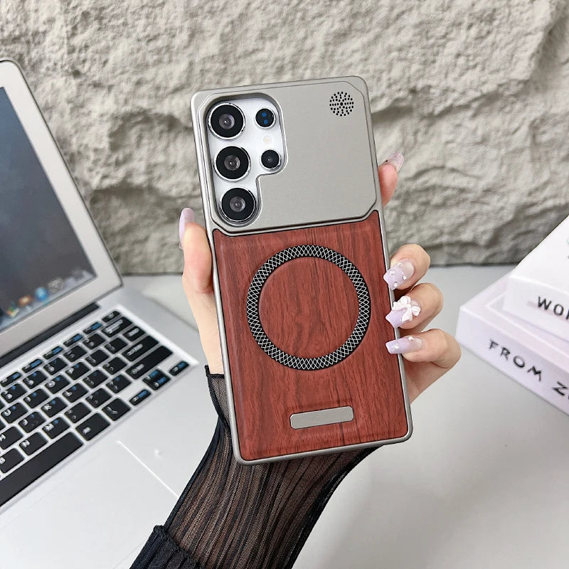 For magsafe magnetic luxury solid color wood grain not bordered aromatherapy phone case samsung s25 ultra s23 s24 - red