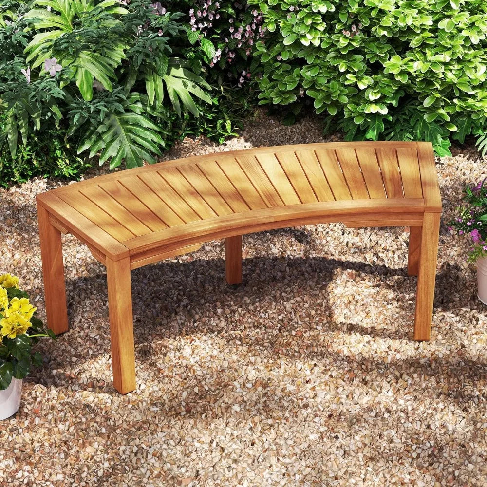 Moccha outdoor curved bench acacia wood fire pit w/slatted seat loveseat outside chair patio backless 2-person seating