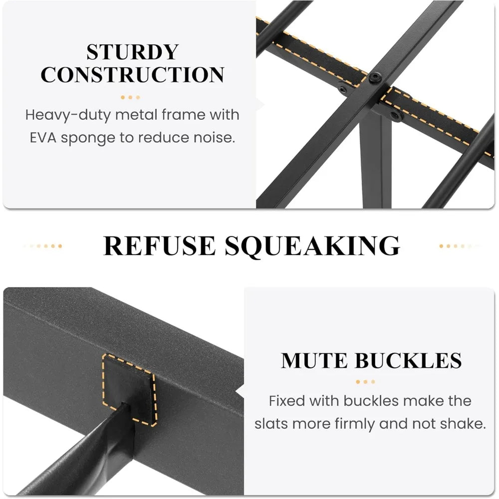 Sha cerlin grey metal bed frame queen industrial wooden platform base with rivet headboard and footboard no box spring