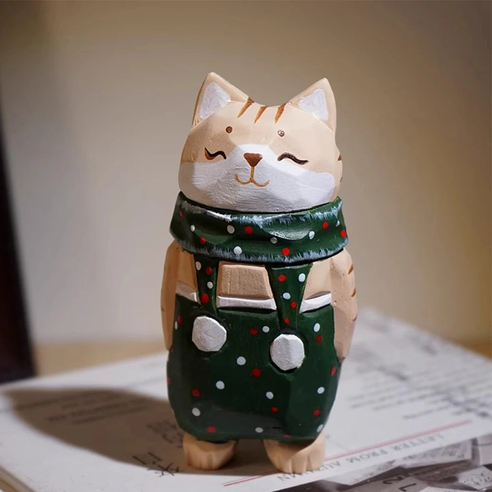 Christmas decorations wooden kitten couple sculpture home decoration handmade wood carving ornaments small animal