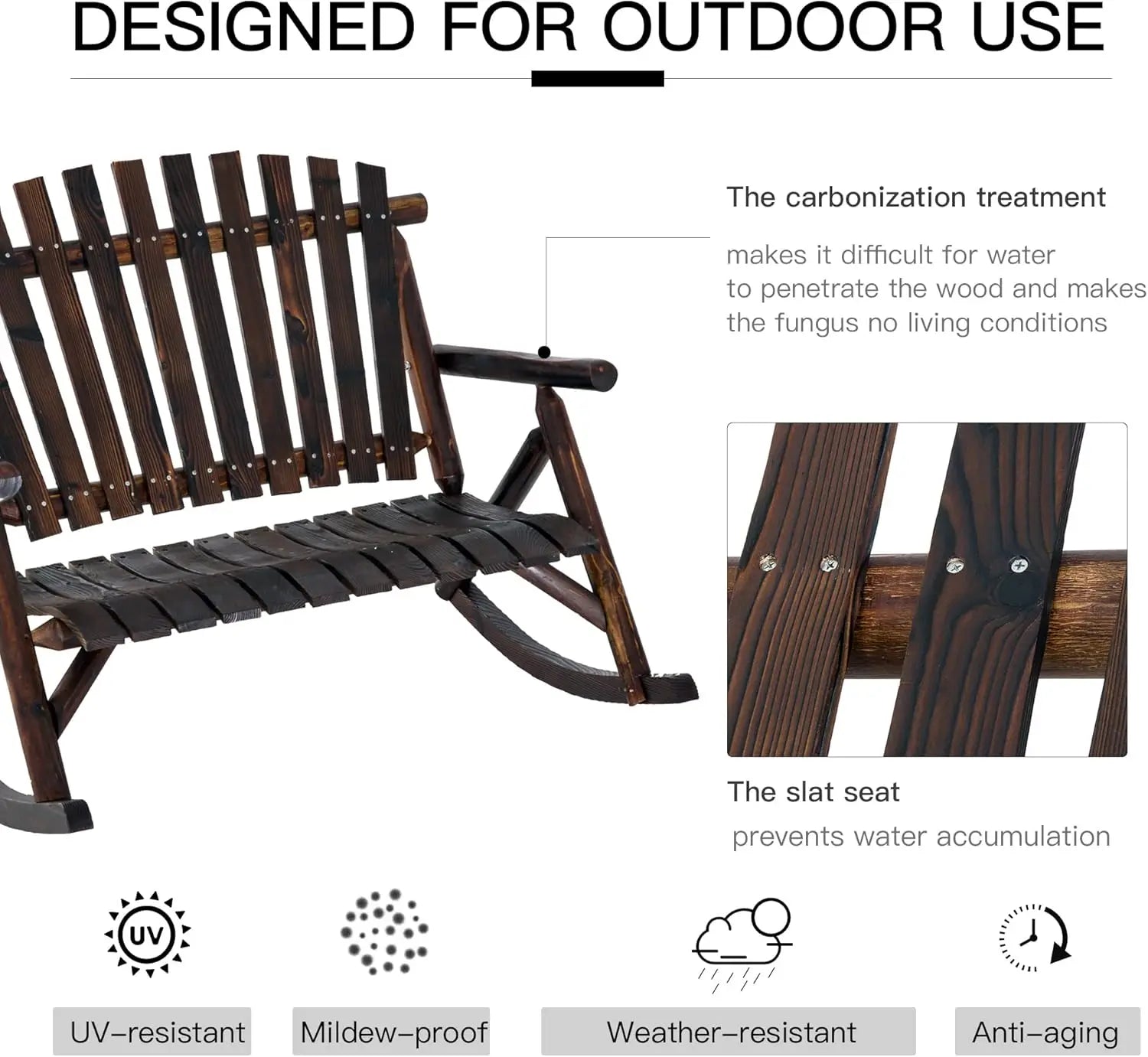 Outdoor wooden rocking chair double-person rustic adirondack rocker with slatted seat high backrest armrests