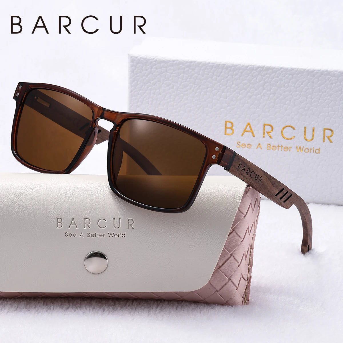 Barcur fashion double round nail polarized sunglasses walnut foot spring hinge pure natural wooden uv women - teatea