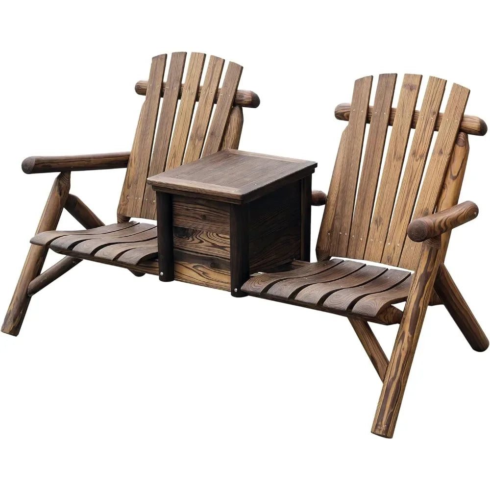 Double wooden adirondack chair with built-in ice bucket. Outdoor loveseat high backrest for patio garden & poolside.