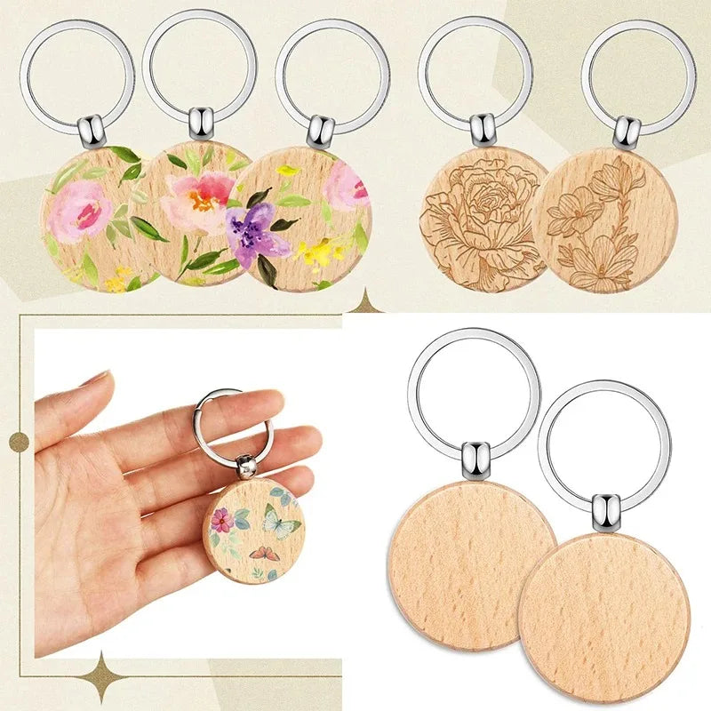 100pcs round wooden key ring portable beech keychain - chain
