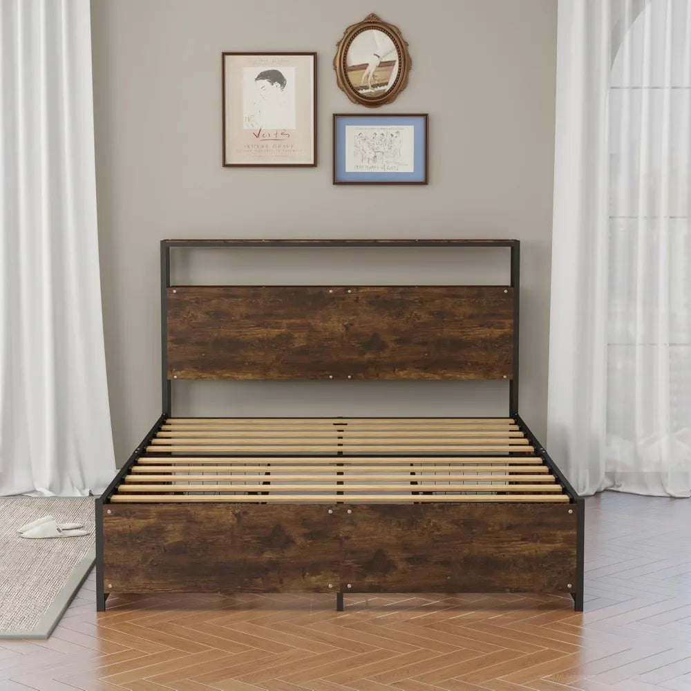 Panana modern queen size bed frame with 4 storage drawers - industrial metal & solid wood platform sturdy space-saving