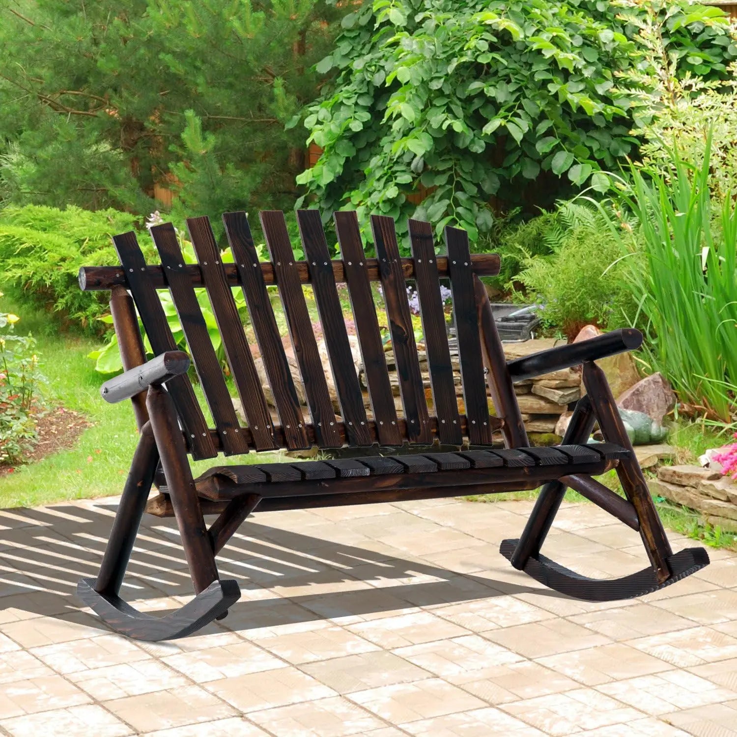 Outdoor wooden rocking chair double-person rustic adirondack rocker with slatted seat high backrest armrests