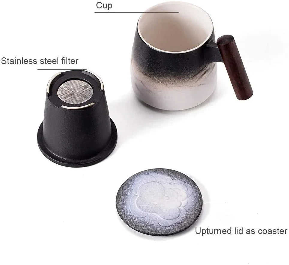 Beautiful tea mugs ceramic vintage coffee cup beer large mug with infuser lid wooden handle tableware personalized gifts