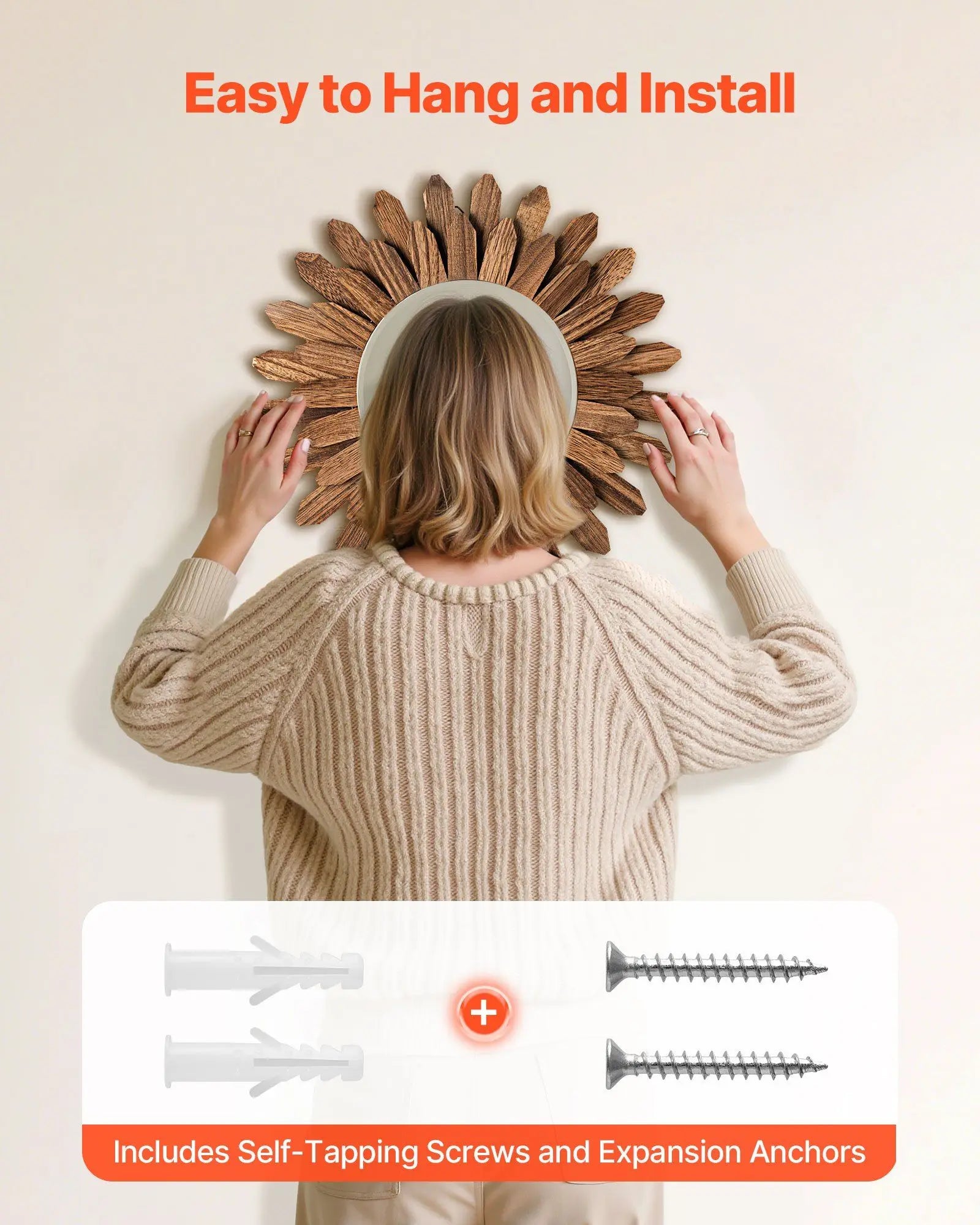 Wall mirror decorative 12’’ rustic wood sunburst design boho aesthetic for bedroom living room bathroom entryway decor